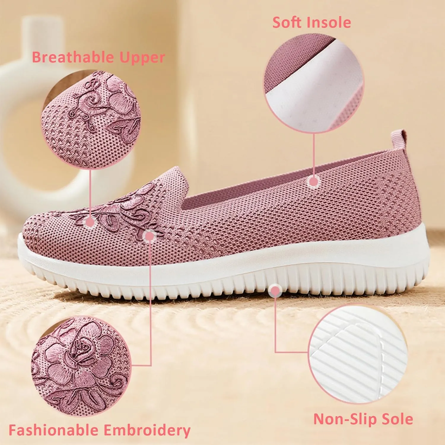 Women's Floral Embroidery Slip-On Knitted Loafers Breathable Mesh Comfortable Non-Slip Flat Walking Shoes Soft Sole Casual Sneakers Shoes