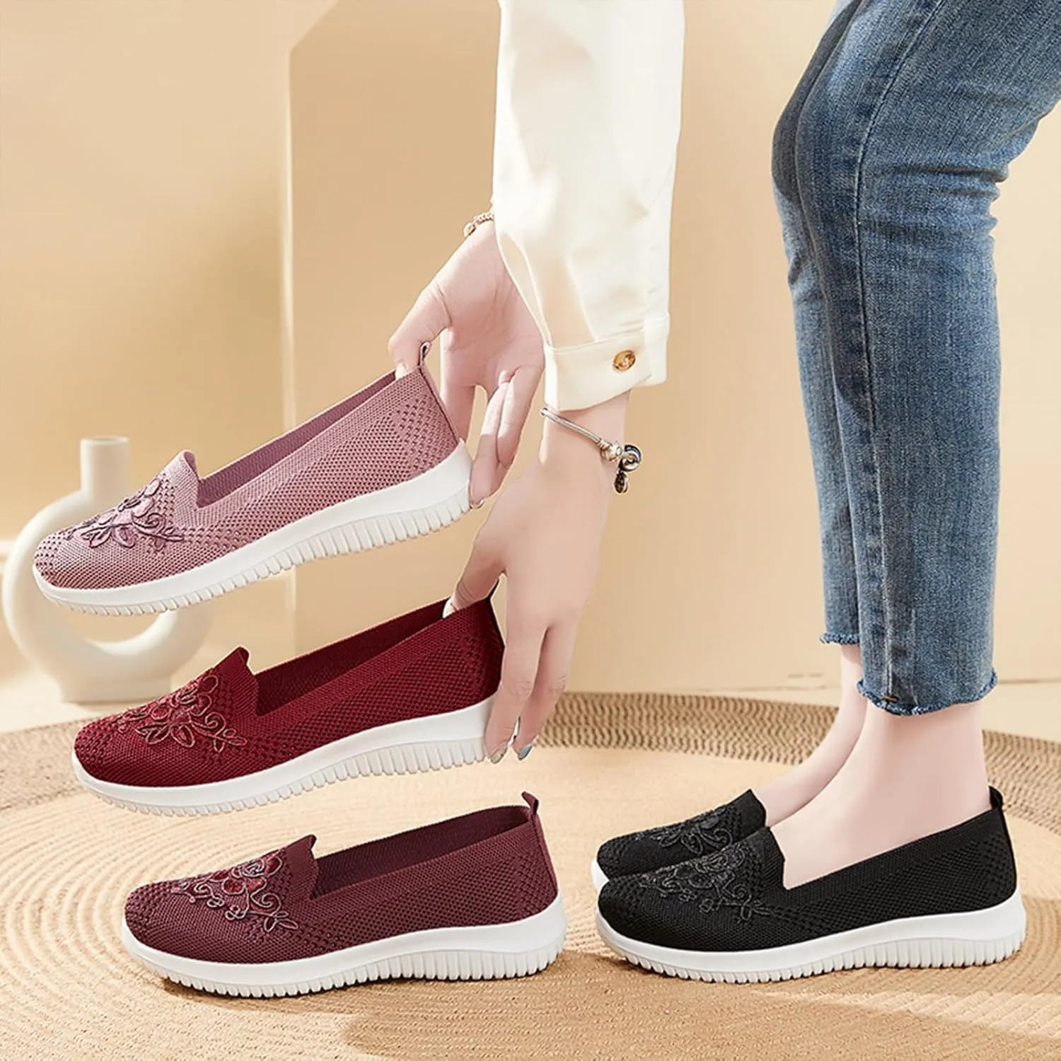 Women's Floral Embroidery Slip-On Knitted Loafers Breathable Mesh Comfortable Non-Slip Flat Walking Shoes Soft Sole Casual Sneakers Shoes