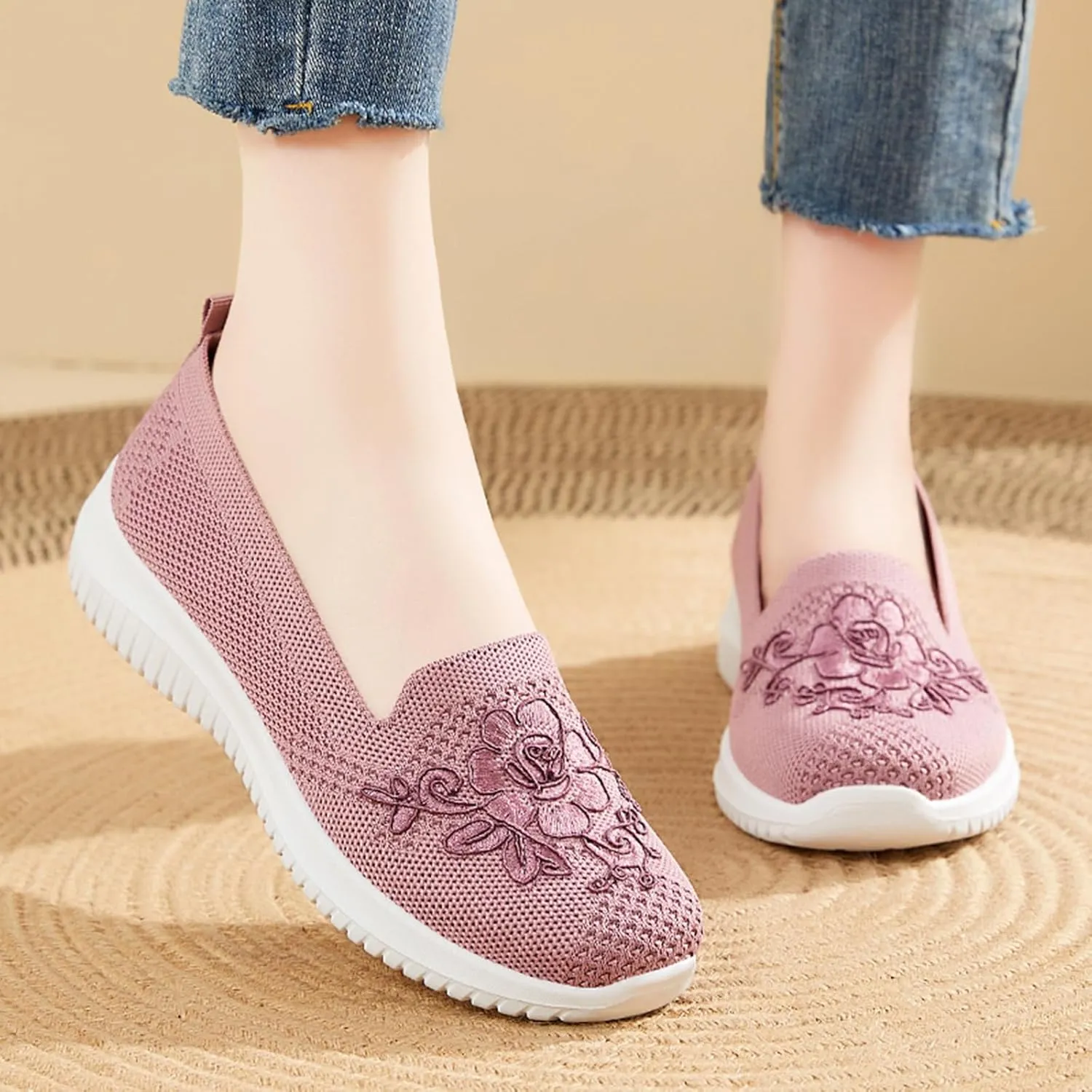 Women's Floral Embroidery Slip-On Knitted Loafers Breathable Mesh Comfortable Non-Slip Flat Walking Shoes Soft Sole Casual Sneakers Shoes