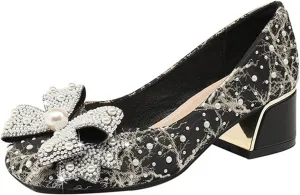 Women's Glitter Pearl Bow Chunky Heel Pumps,Fashion Sparkly Square Head Comfort Slip-On Block Heel Lace Bridal Shoes Prom Dress Loafers for Wedding Party Office