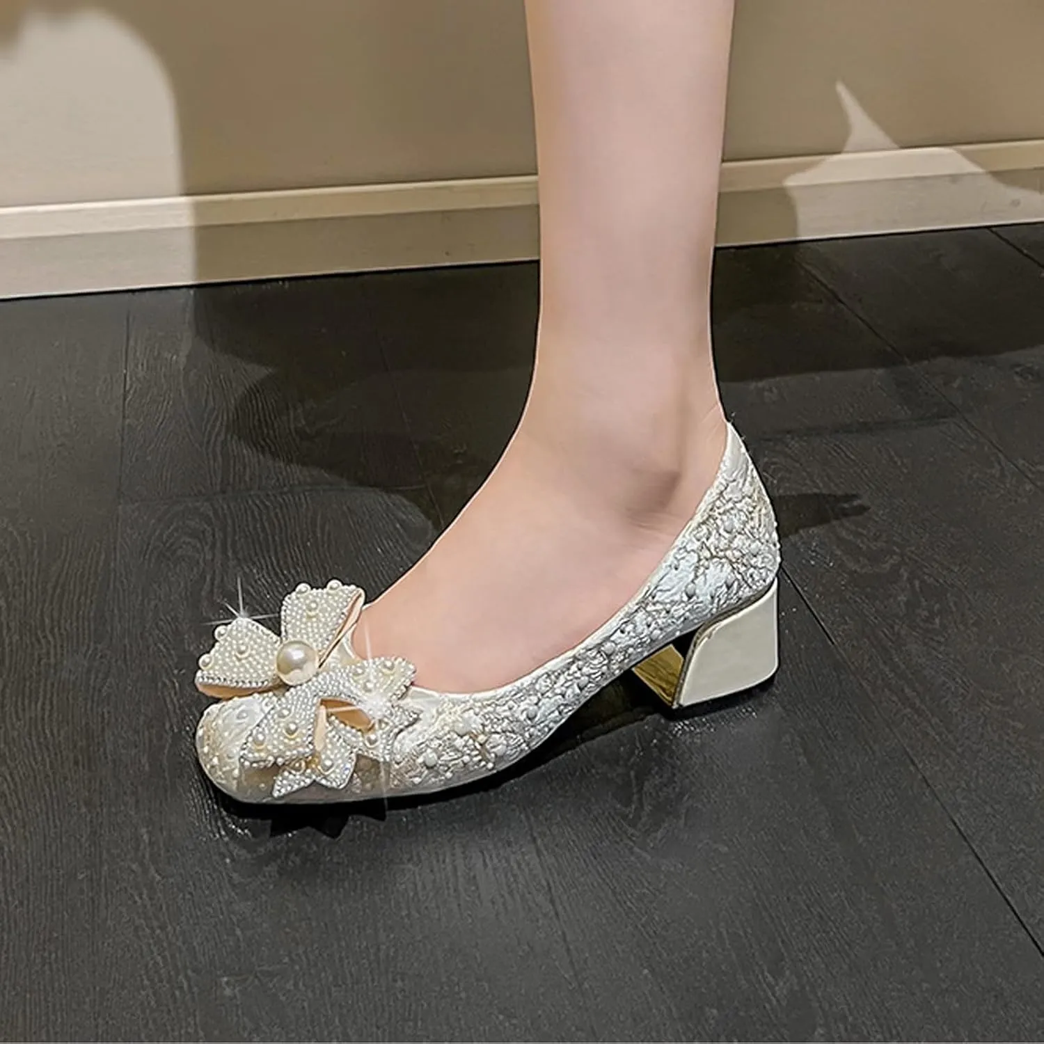 Women's Glitter Pearl Bow Chunky Heel Pumps,Fashion Sparkly Square Head Comfort Slip-On Block Heel Lace Bridal Shoes Prom Dress Loafers for Wedding Party Office