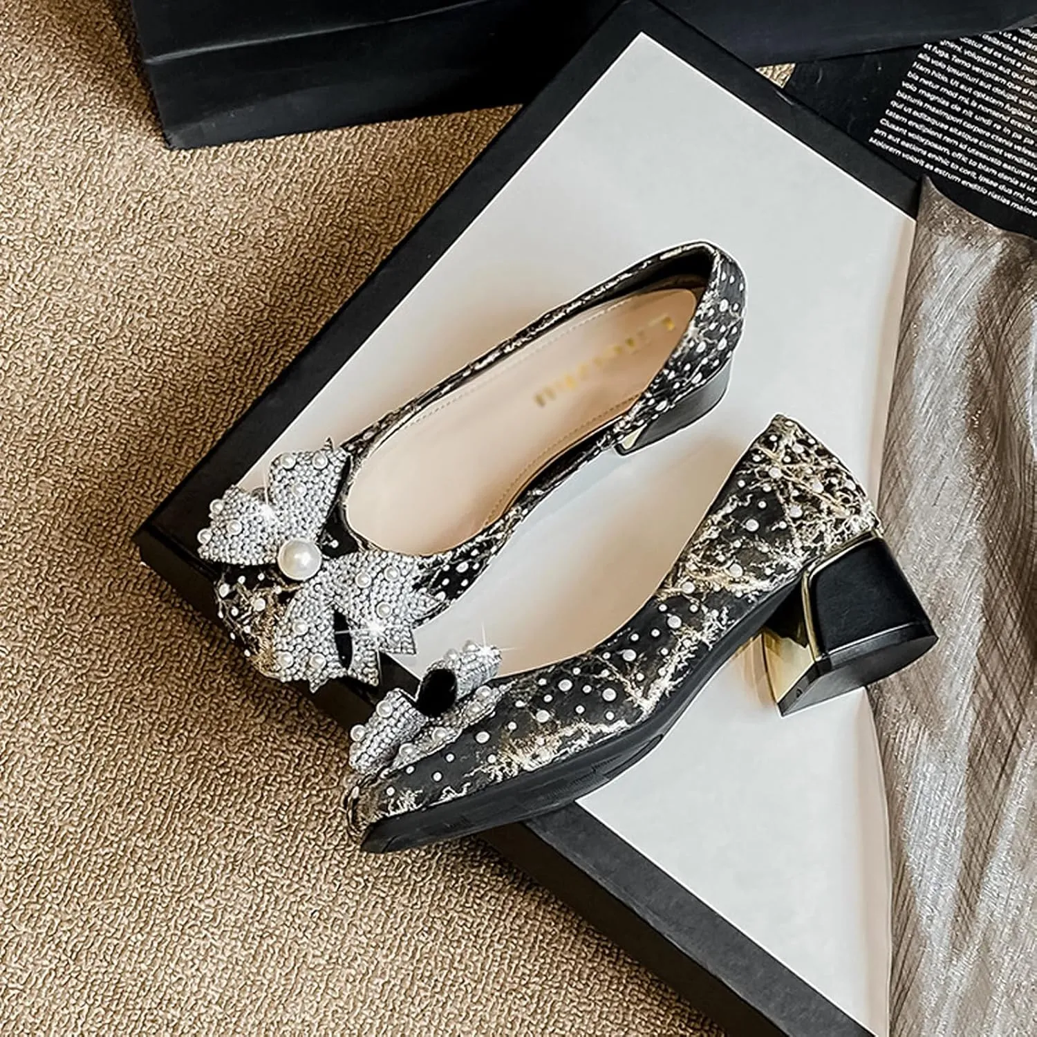 Women's Glitter Pearl Bow Chunky Heel Pumps,Fashion Sparkly Square Head Comfort Slip-On Block Heel Lace Bridal Shoes Prom Dress Loafers for Wedding Party Office