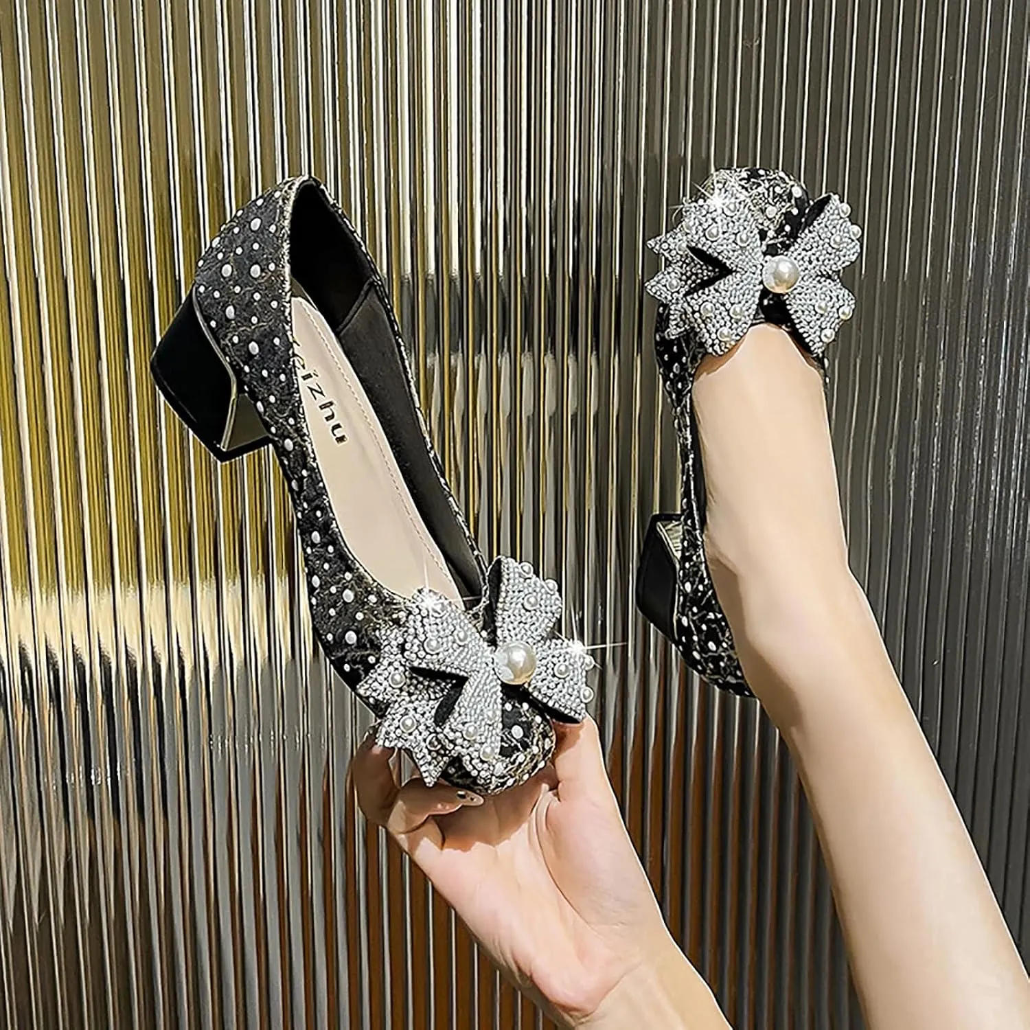 Women's Glitter Pearl Bow Chunky Heel Pumps,Fashion Sparkly Square Head Comfort Slip-On Block Heel Lace Bridal Shoes Prom Dress Loafers for Wedding Party Office