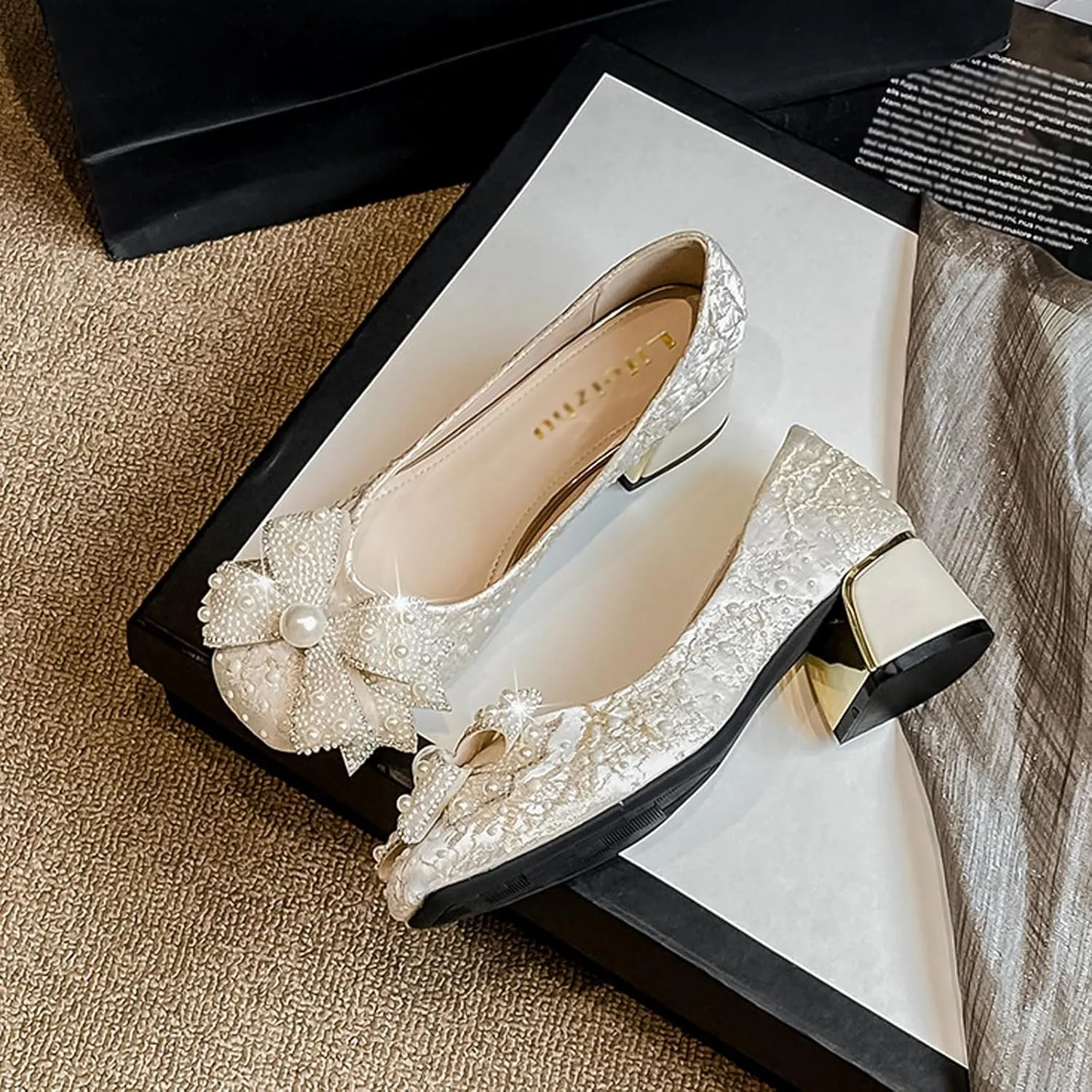 Women's Glitter Pearl Bow Chunky Heel Pumps,Fashion Sparkly Square Head Comfort Slip-On Block Heel Lace Bridal Shoes Prom Dress Loafers for Wedding Party Office