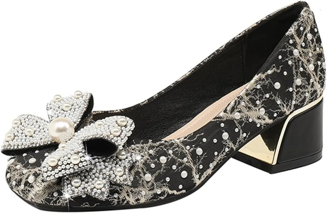 Women's Glitter Pearl Bow Chunky Heel Pumps,Fashion Sparkly Square Head Comfort Slip-On Block Heel Lace Bridal Shoes Prom Dress Loafers for Wedding Party Office