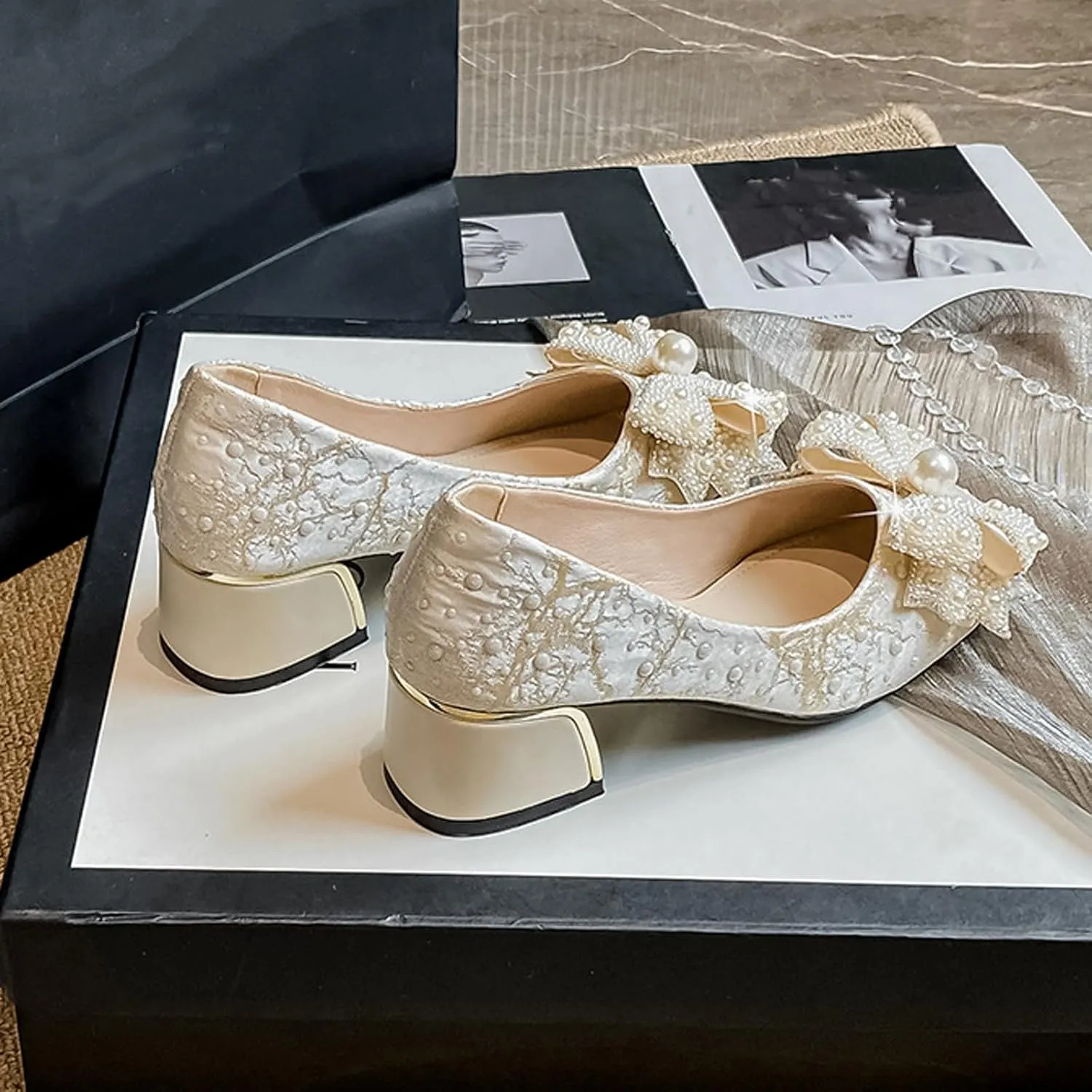 Women's Glitter Pearl Bow Chunky Heel Pumps,Fashion Sparkly Square Head Comfort Slip-On Block Heel Lace Bridal Shoes Prom Dress Loafers for Wedding Party Office