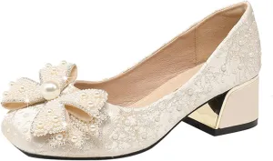 Women's Glitter Pearl Bow Chunky Heel Pumps,Fashion Sparkly Square Head Comfort Slip-On Block Heel Lace Bridal Shoes Prom Dress Loafers for Wedding Party Office