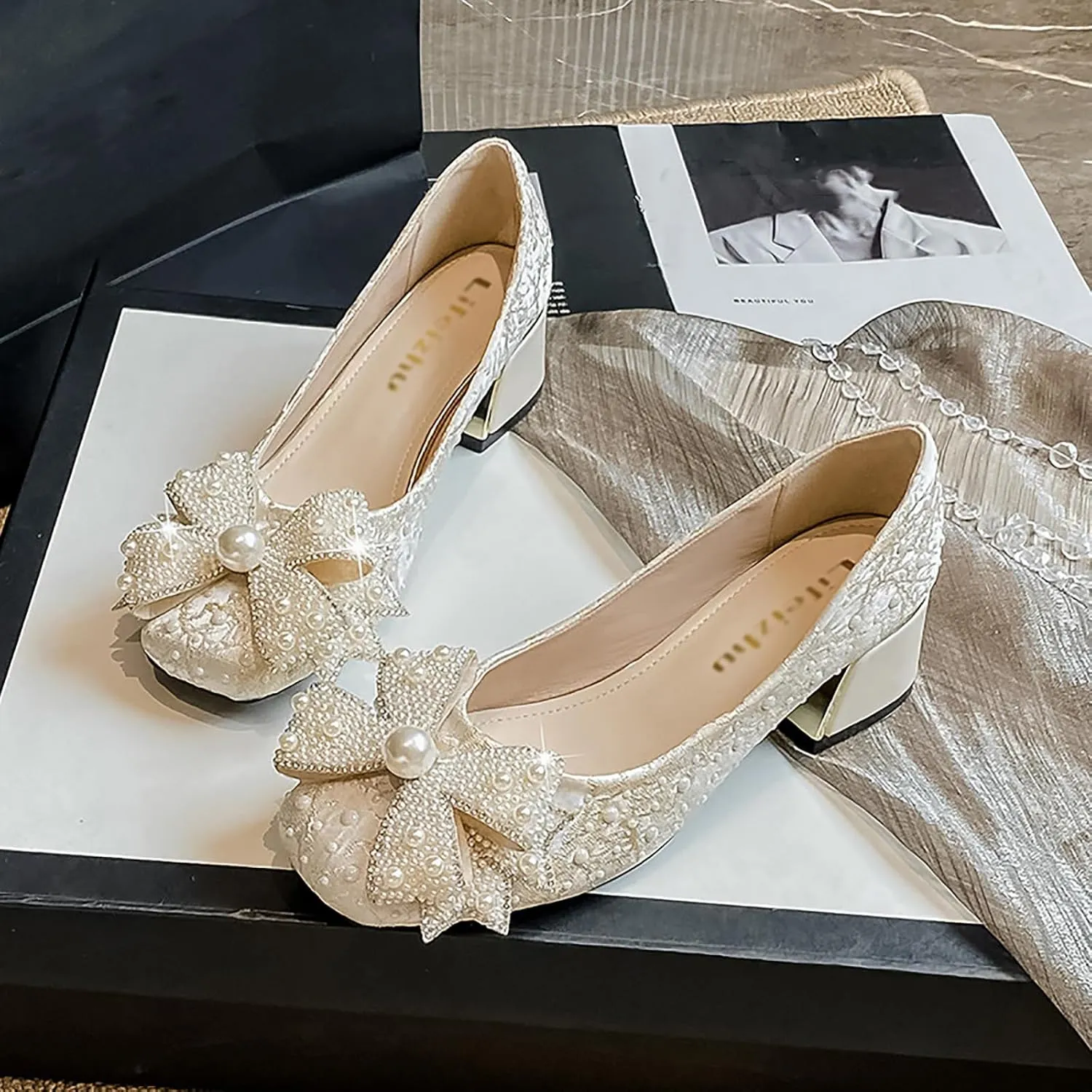 Women's Glitter Pearl Bow Chunky Heel Pumps,Fashion Sparkly Square Head Comfort Slip-On Block Heel Lace Bridal Shoes Prom Dress Loafers for Wedding Party Office