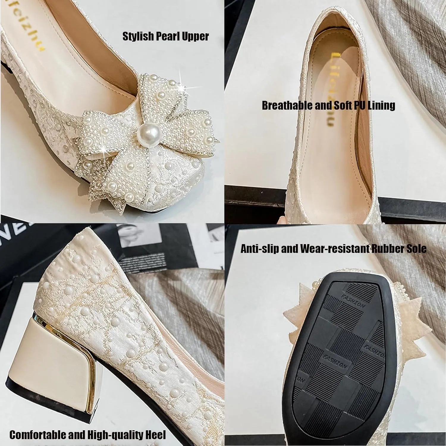 Women's Glitter Pearl Bow Chunky Heel Pumps,Fashion Sparkly Square Head Comfort Slip-On Block Heel Lace Bridal Shoes Prom Dress Loafers for Wedding Party Office