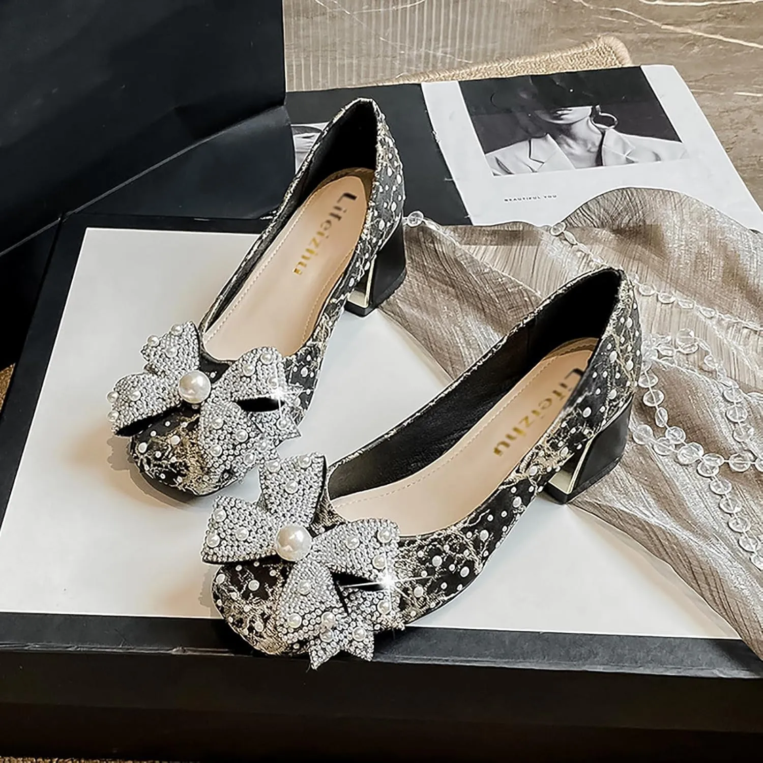 Women's Glitter Pearl Bow Chunky Heel Pumps,Fashion Sparkly Square Head Comfort Slip-On Block Heel Lace Bridal Shoes Prom Dress Loafers for Wedding Party Office