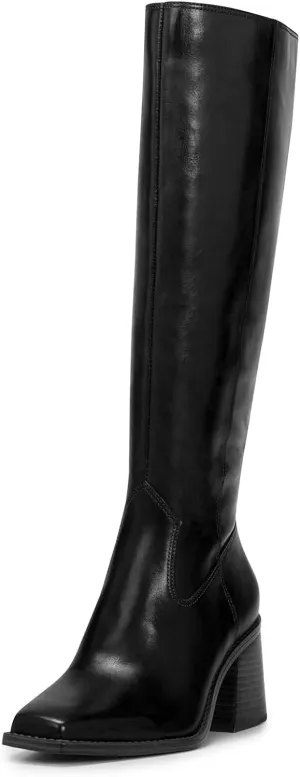 Women's Knee High Leather Boots with Zipper Square Toe Chunky Heeled Tall Boots