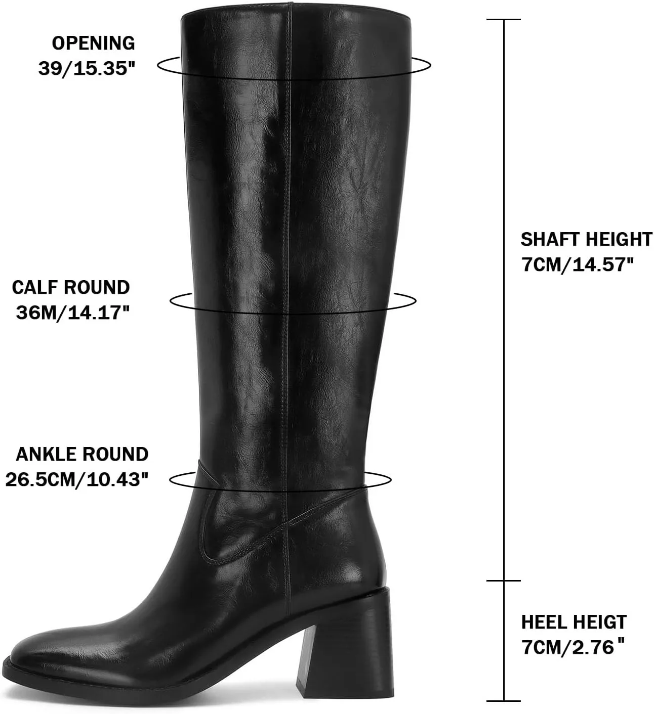 Women's Knee High Leather Boots with Zipper Square Toe Chunky Heeled Tall Boots