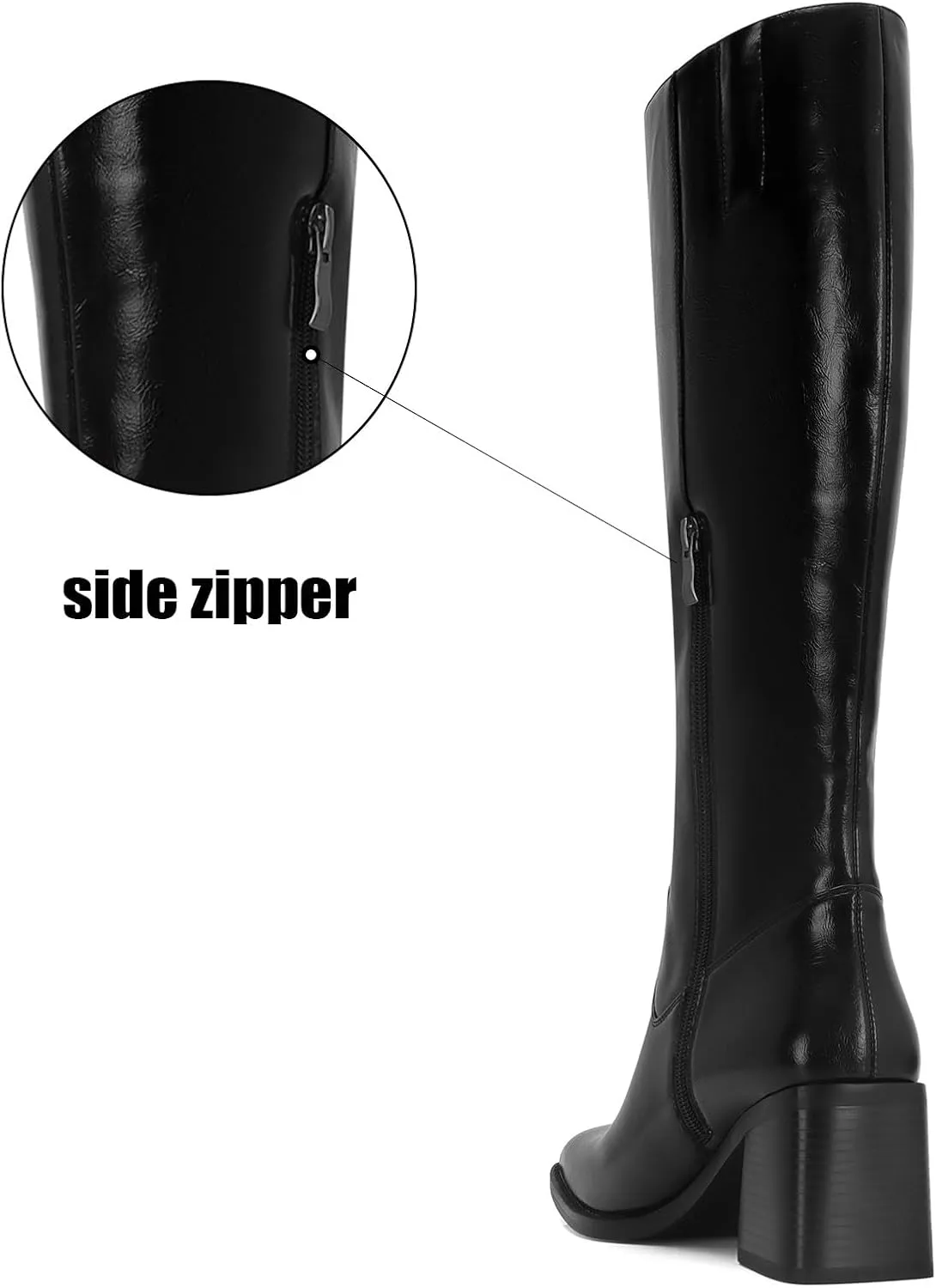 Women's Knee High Leather Boots with Zipper Square Toe Chunky Heeled Tall Boots