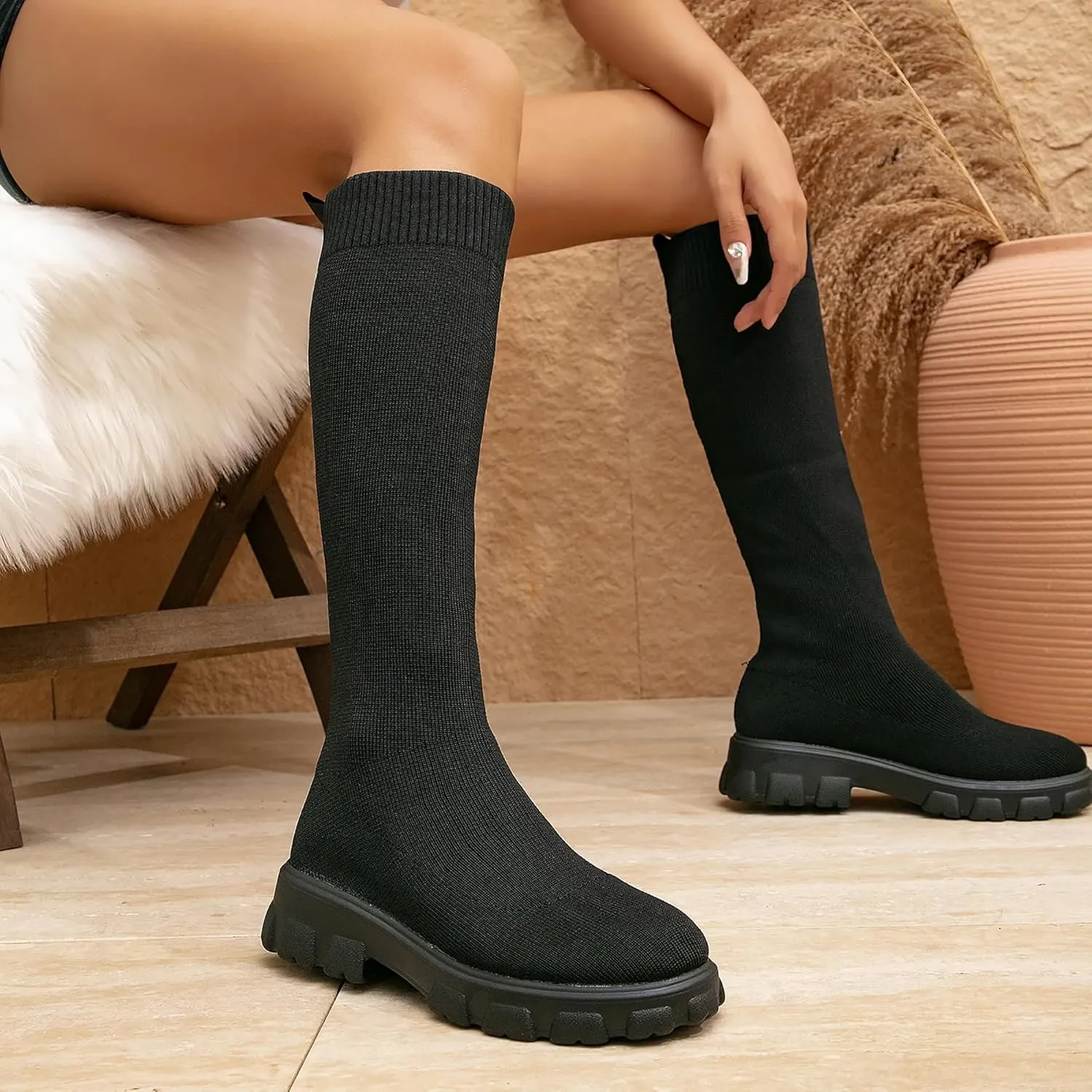 Women's Knee High Stretch Knit Chunky Heel Non-Slip Boots