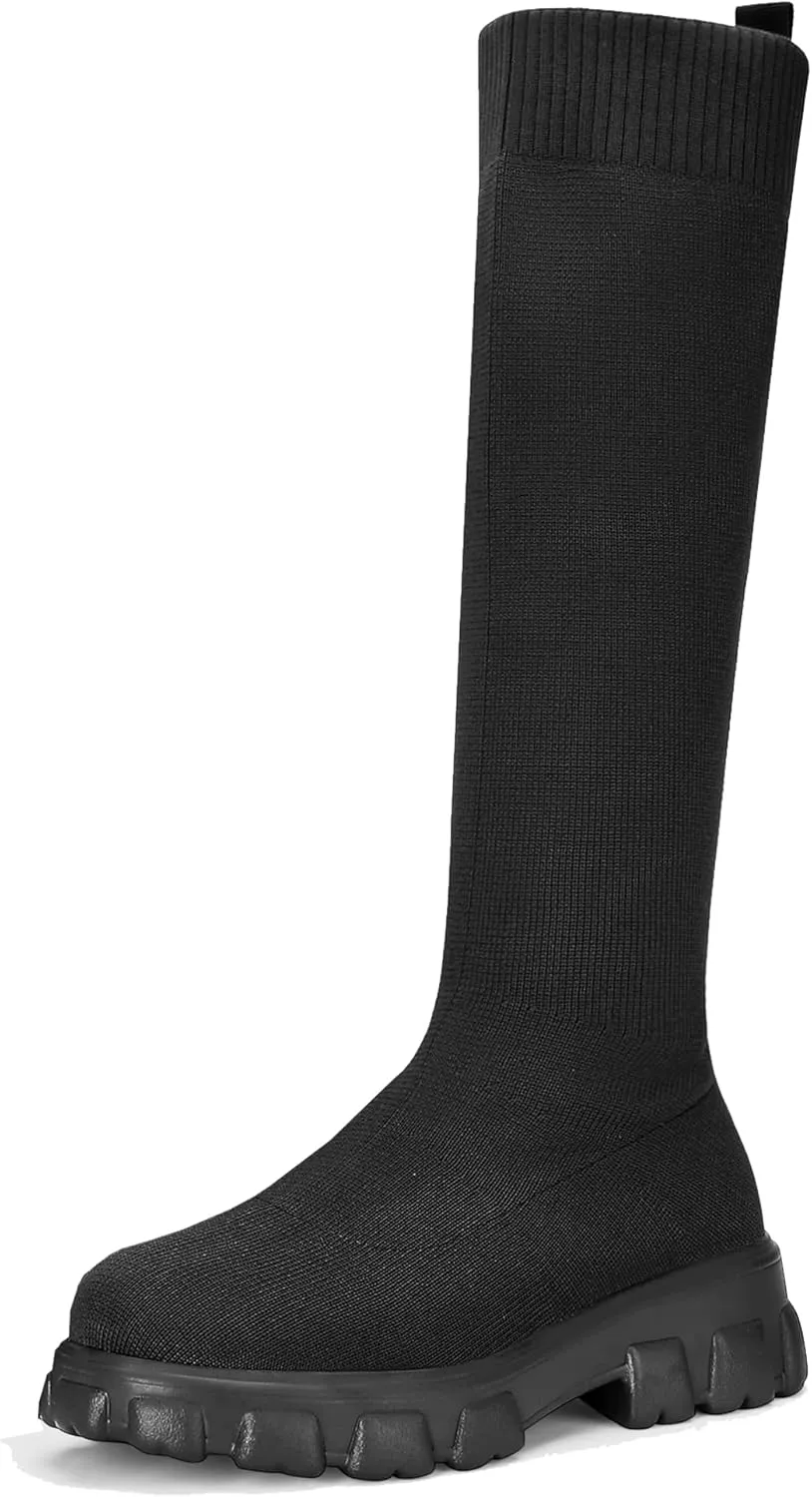 Women's Knee High Stretch Knit Chunky Heel Non-Slip Boots