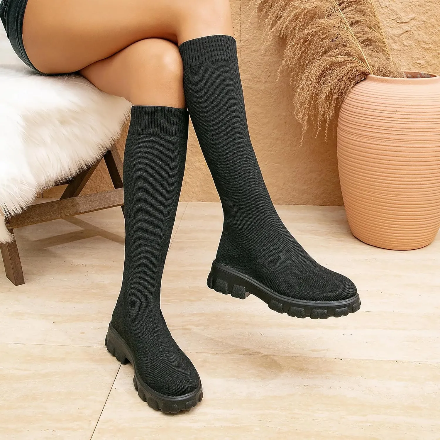 Women's Knee High Stretch Knit Chunky Heel Non-Slip Boots