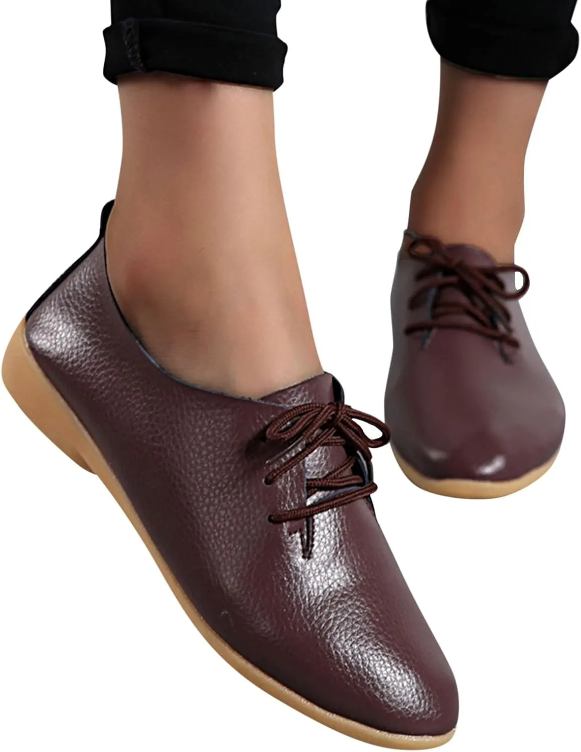 Women's Leather Lace Up Oxfords Sneakers Comfortable Slip-On Business Shoes Lightweight Breathable Sneakers Dressy Low Heel Walking Shoes