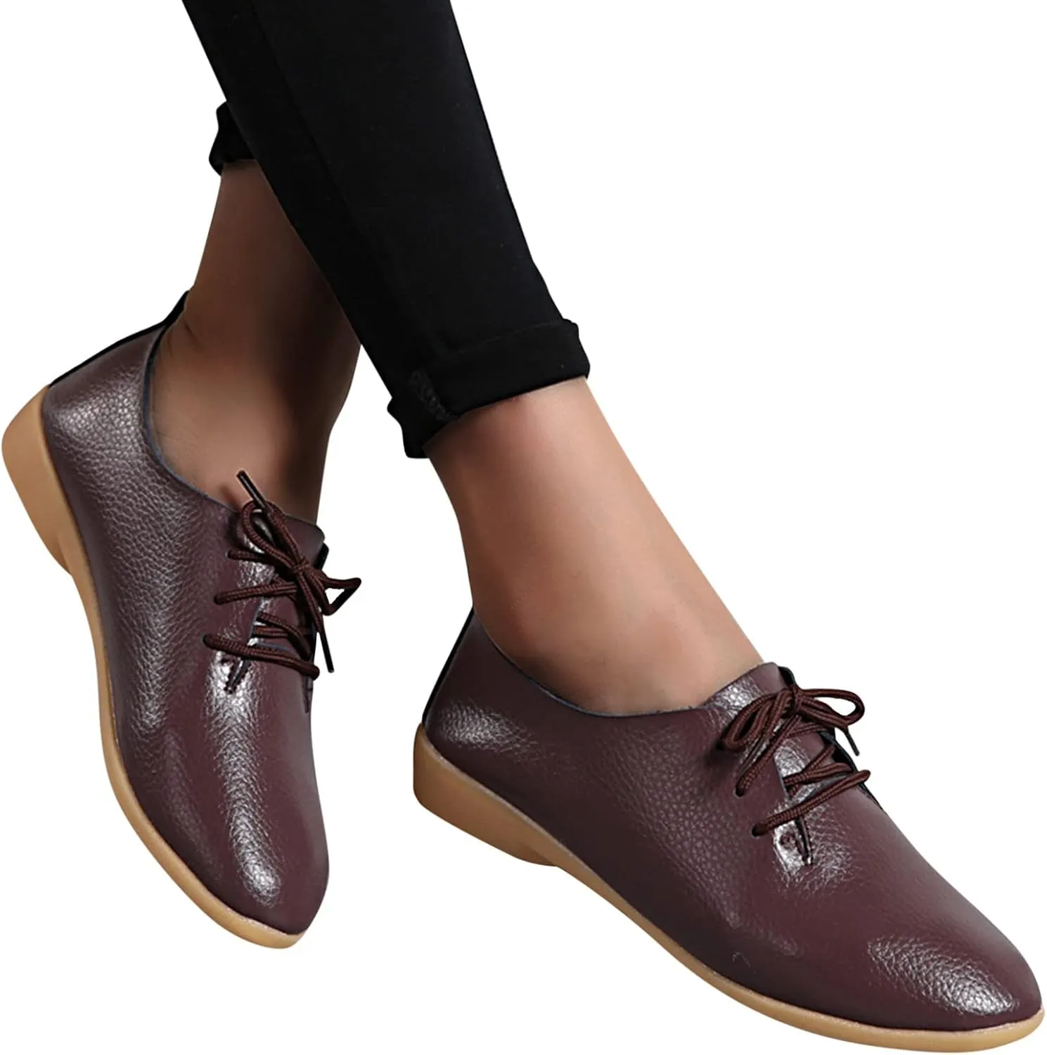 Women's Leather Lace Up Oxfords Sneakers Comfortable Slip-On Business Shoes Lightweight Breathable Sneakers Dressy Low Heel Walking Shoes