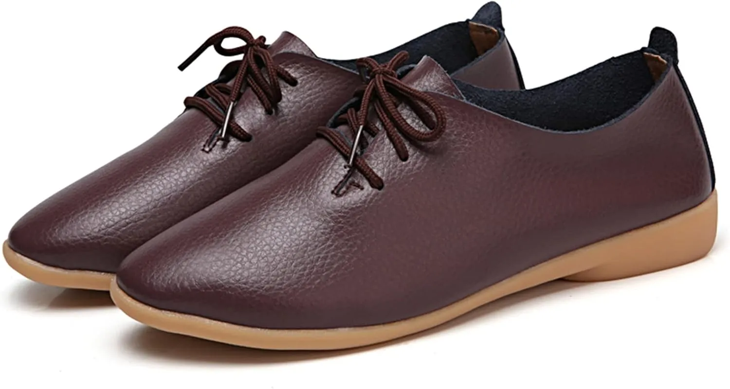 Women's Leather Lace Up Oxfords Sneakers Comfortable Slip-On Business Shoes Lightweight Breathable Sneakers Dressy Low Heel Walking Shoes