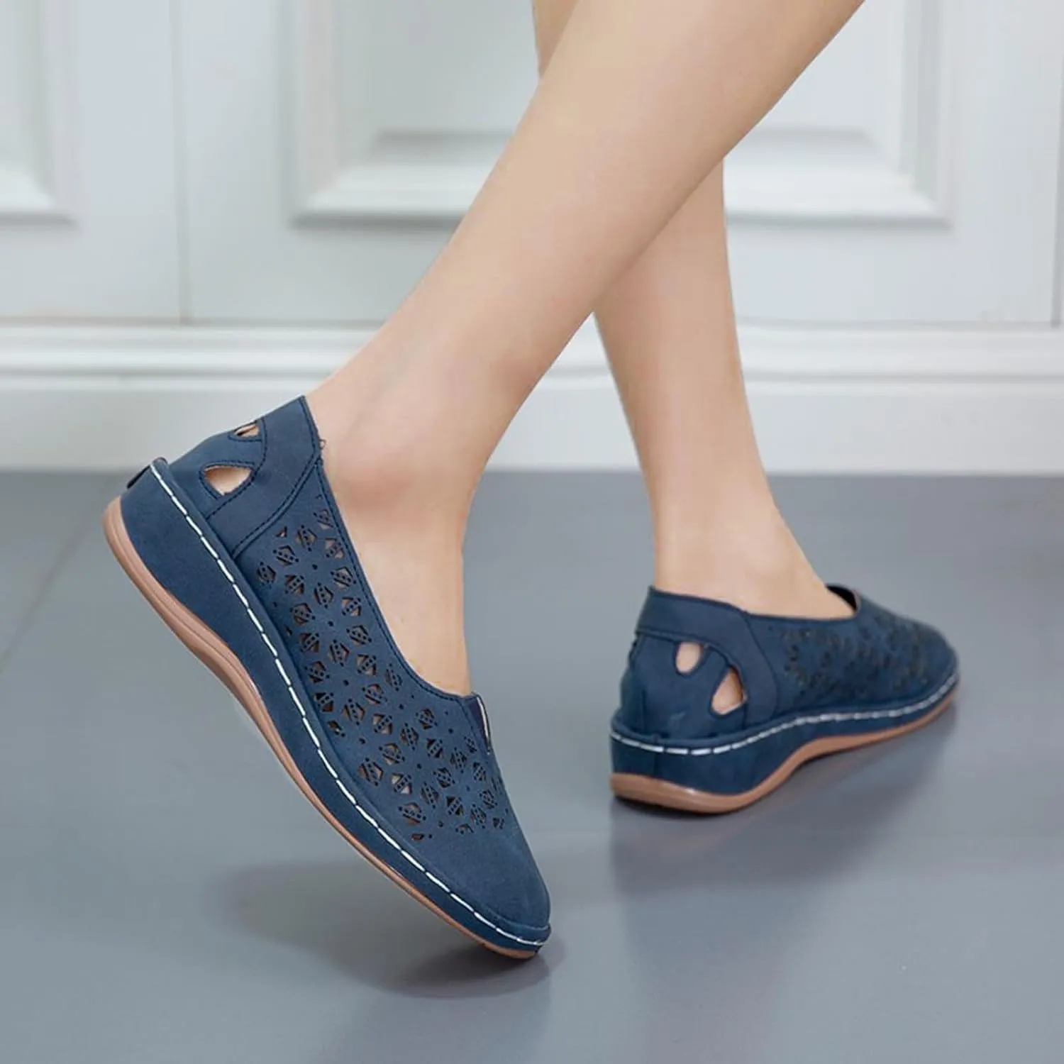 Womens Loafers Summer Comfortable Dressy Soft Plat Sandals Breathable Hollow Out Office Work Shoes Closed Toe Low Heel Walking Slip On Sandal for Women Casual Lightweight