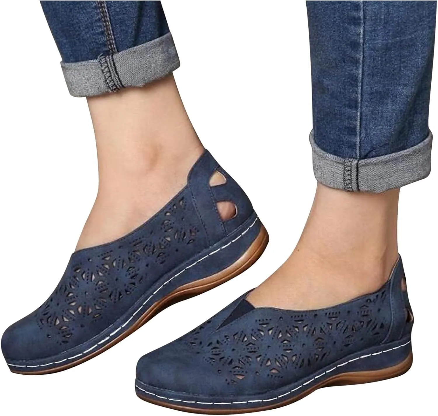 Womens Loafers Summer Comfortable Dressy Soft Plat Sandals Breathable Hollow Out Office Work Shoes Closed Toe Low Heel Walking Slip On Sandal for Women Casual Lightweight