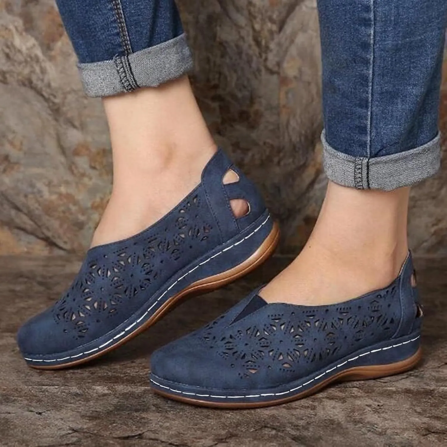 Womens Loafers Summer Comfortable Dressy Soft Plat Sandals Breathable Hollow Out Office Work Shoes Closed Toe Low Heel Walking Slip On Sandal for Women Casual Lightweight