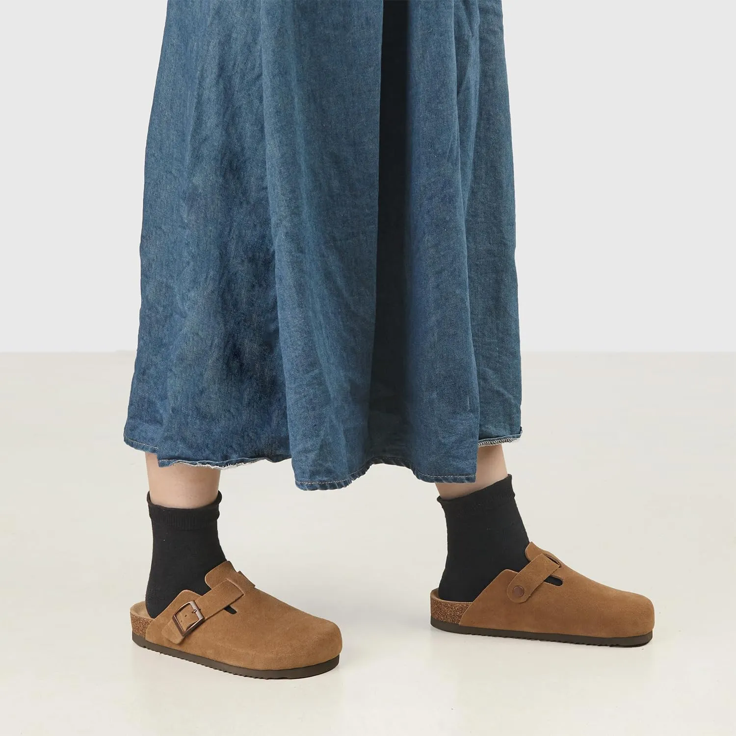 Women's Mules Clogs with Arch Support Cork Footbed Suede Clogs Adjustable Buckle Sandals