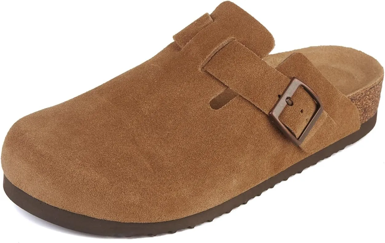 Women's Mules Clogs with Arch Support Cork Footbed Suede Clogs Adjustable Buckle Sandals