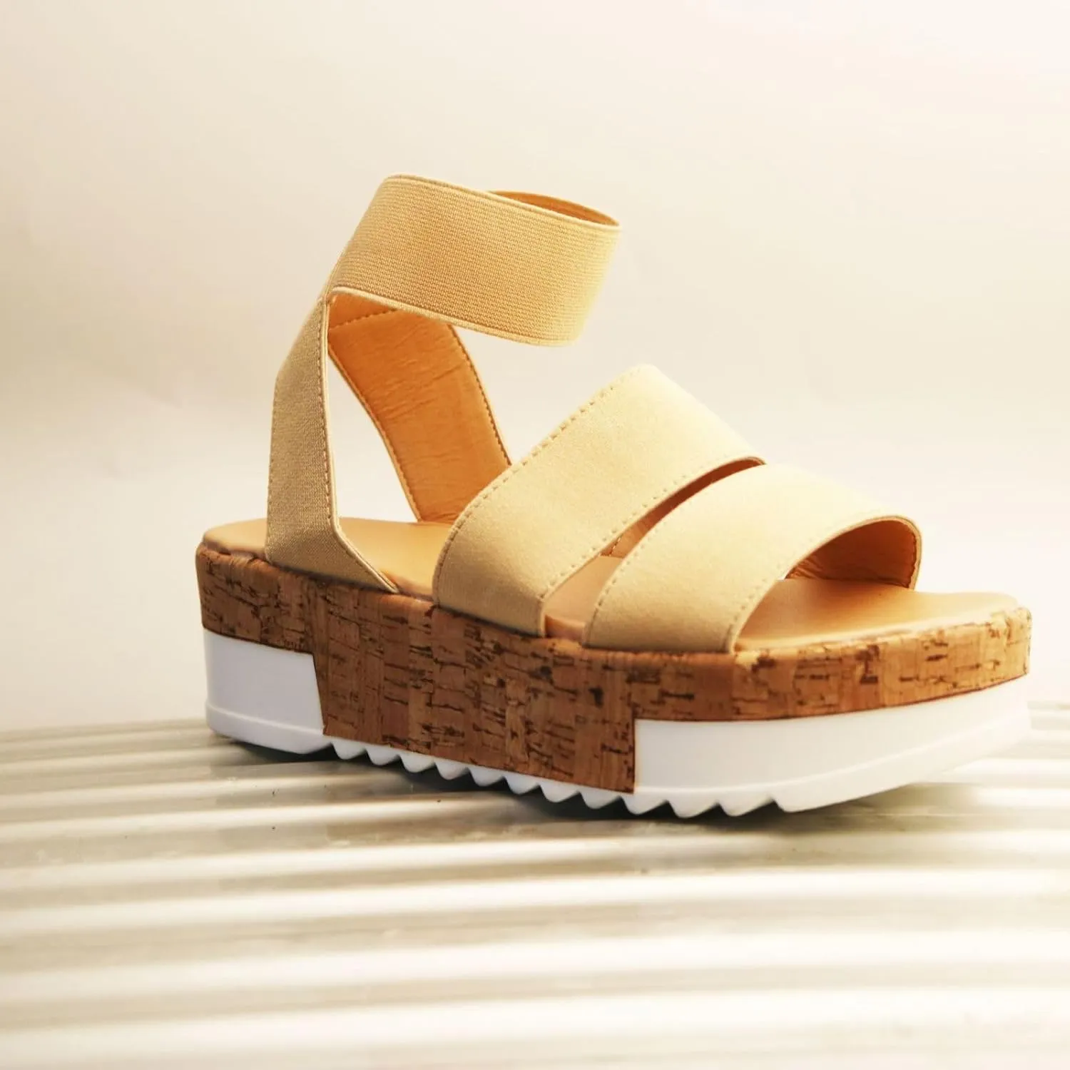 Women's Open Toe Elastic Ankle Strap Casual Platform Wedges Sandals Espadrilles Cork Flatform Slingback Summer Sandals Comfortable Slip On Lightweight Breathable Walking Work Beach Flat Sandal