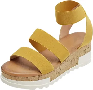 Women's Open Toe Elastic Ankle Strap Casual Platform Wedges Sandals Espadrilles Cork Flatform Slingback Summer Sandals Comfortable Slip On Lightweight Breathable Walking Work Beach Flat Sandal