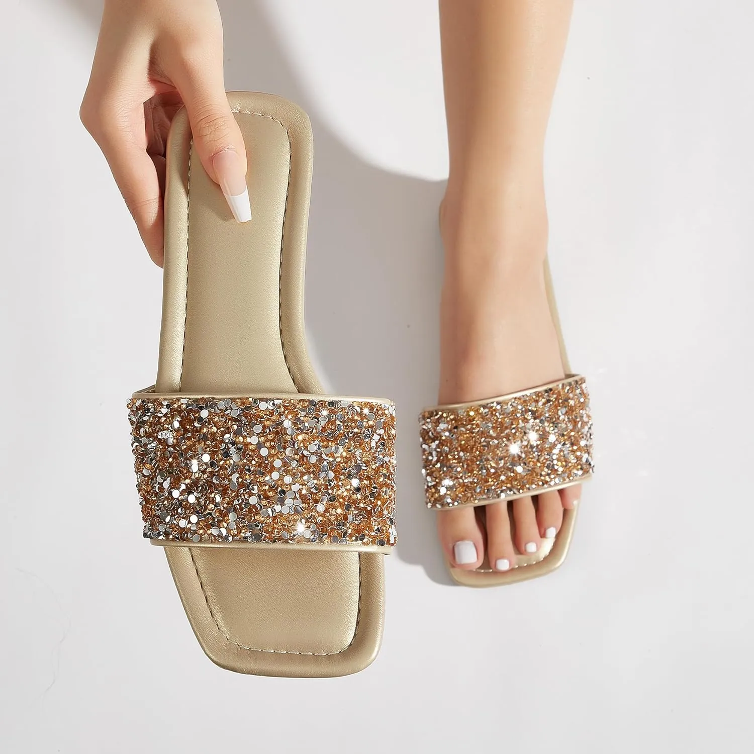 Women's Open Toe Flat Sandals Rhinestone Glitter On Casual Fashion Slippers Quick Drying Indoor & Outdoor Slides