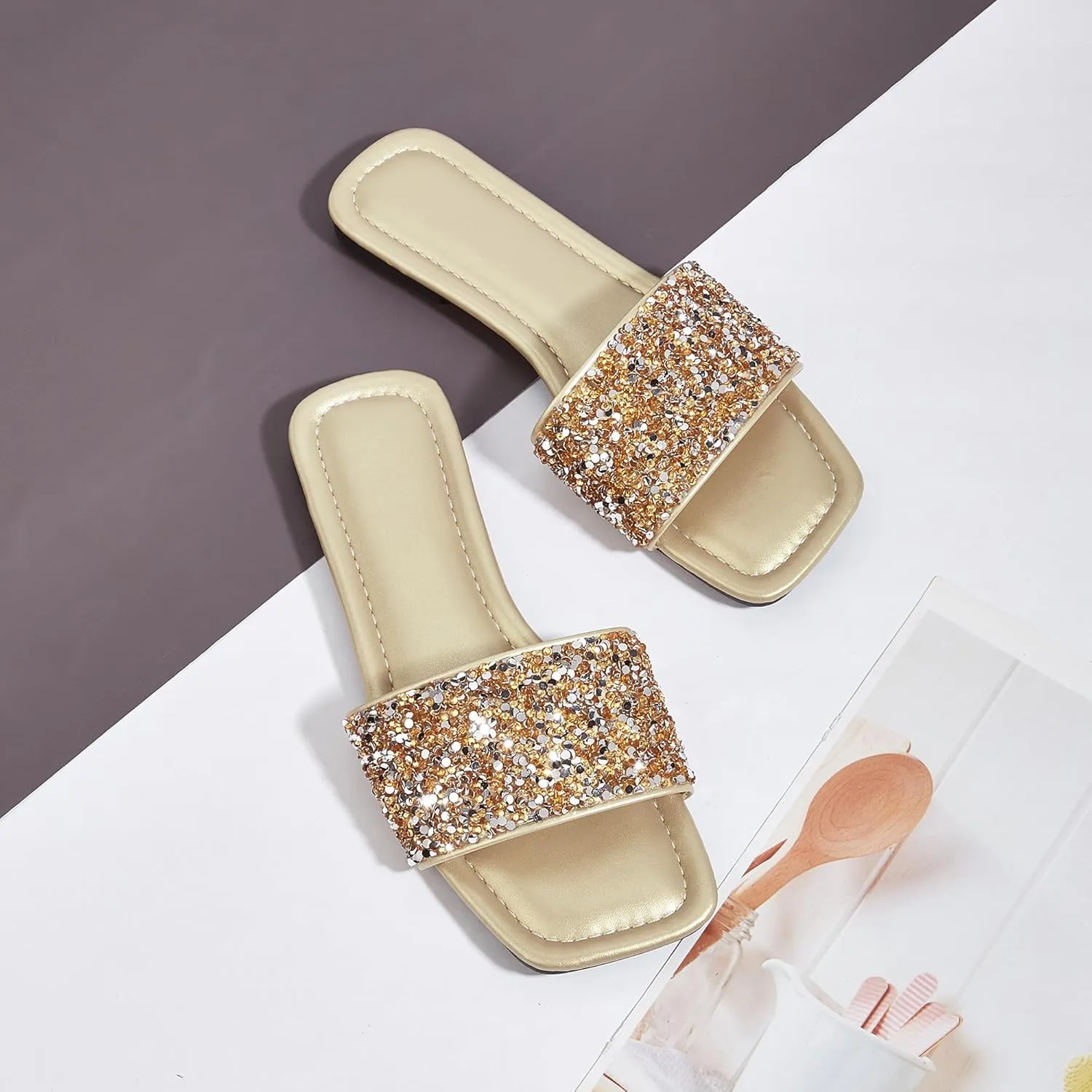 Women's Open Toe Flat Sandals Rhinestone Glitter On Casual Fashion Slippers Quick Drying Indoor & Outdoor Slides
