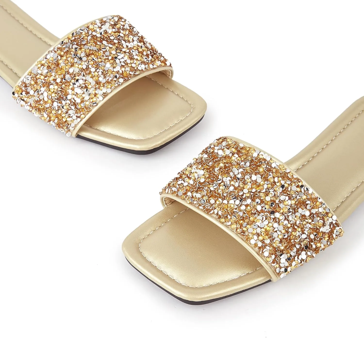 Women's Open Toe Flat Sandals Rhinestone Glitter On Casual Fashion Slippers Quick Drying Indoor & Outdoor Slides