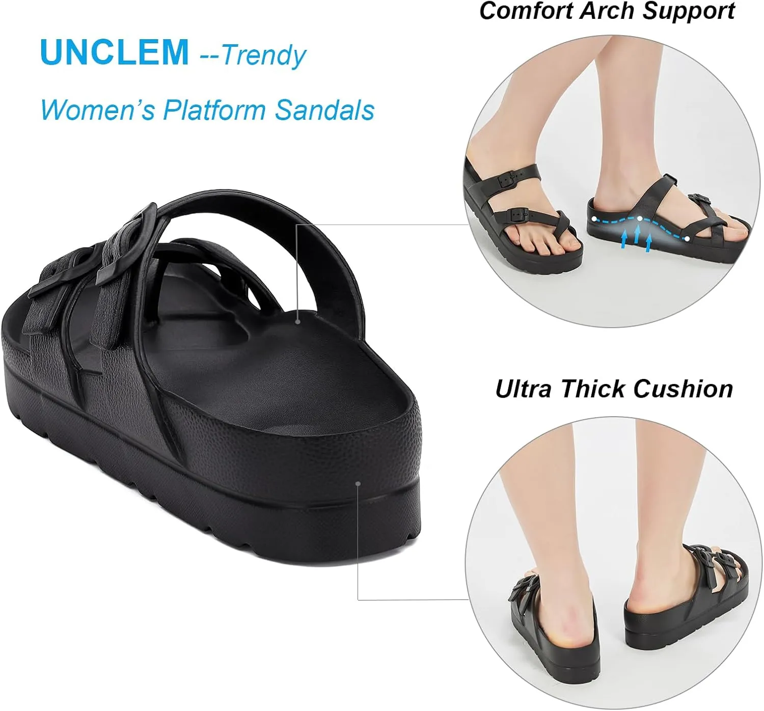Women's Platform Arch Support Sandals Comfortable Waterproof Slides with Adjustable Buckle Thick Cushion