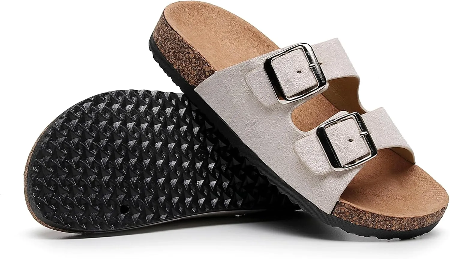 Womens Sandals Cork Footbed Slide Comfortable Summer Beach Shoes Suede Leather with Arch Support Slippers Adjustable Buckle Rubber Sole