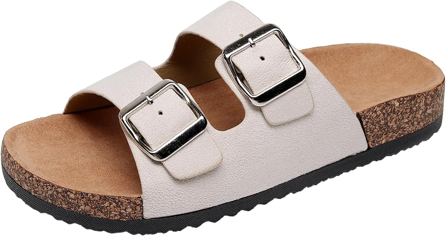 Womens Sandals Cork Footbed Slide Comfortable Summer Beach Shoes Suede Leather with Arch Support Slippers Adjustable Buckle Rubber Sole