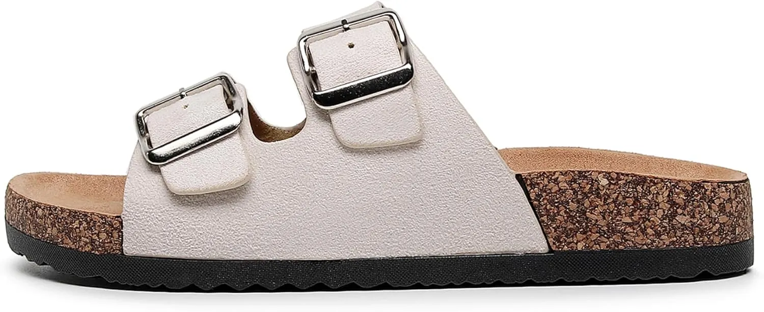 Womens Sandals Cork Footbed Slide Comfortable Summer Beach Shoes Suede Leather with Arch Support Slippers Adjustable Buckle Rubber Sole