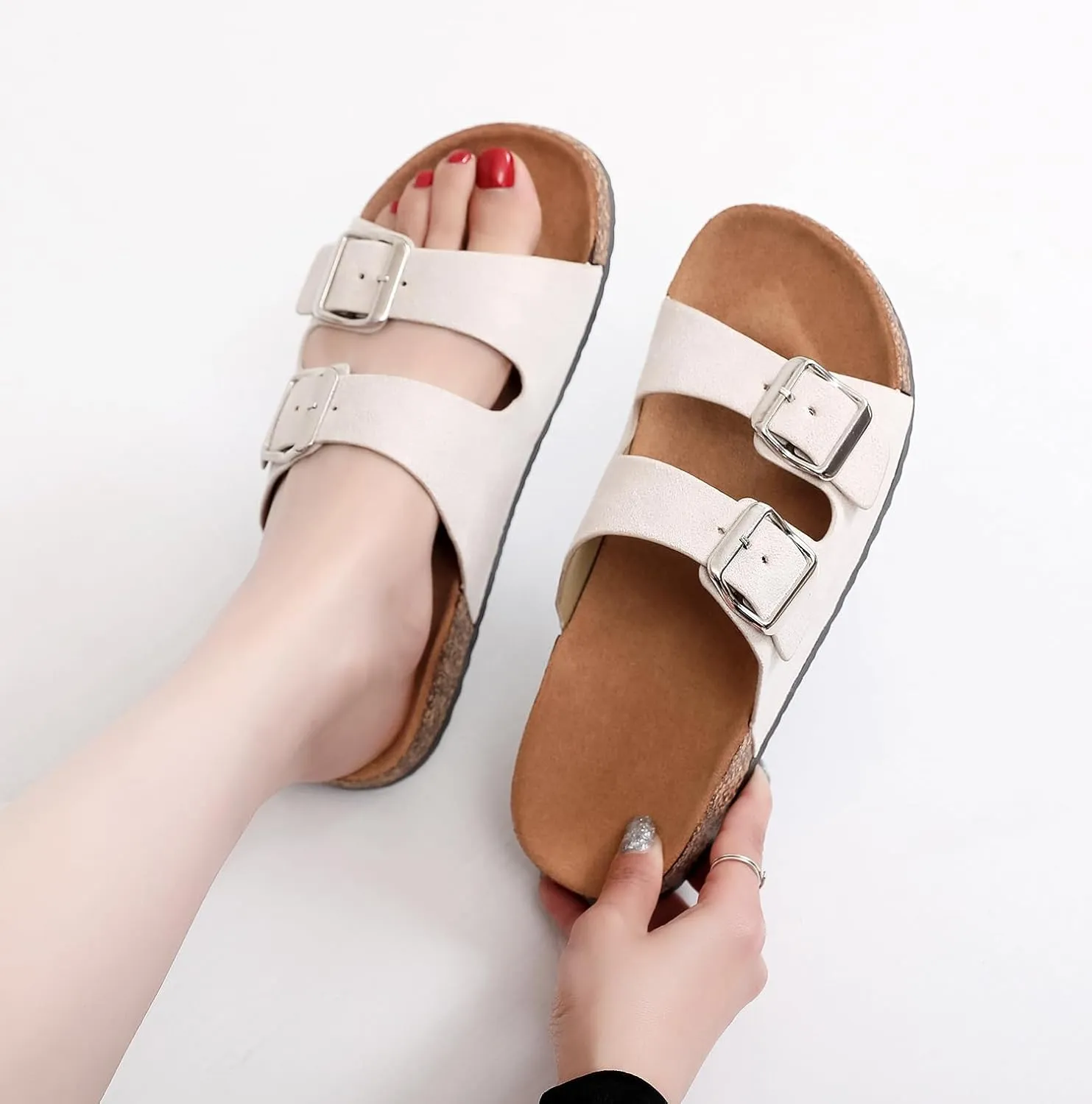Womens Sandals Cork Footbed Slide Comfortable Summer Beach Shoes Suede Leather with Arch Support Slippers Adjustable Buckle Rubber Sole