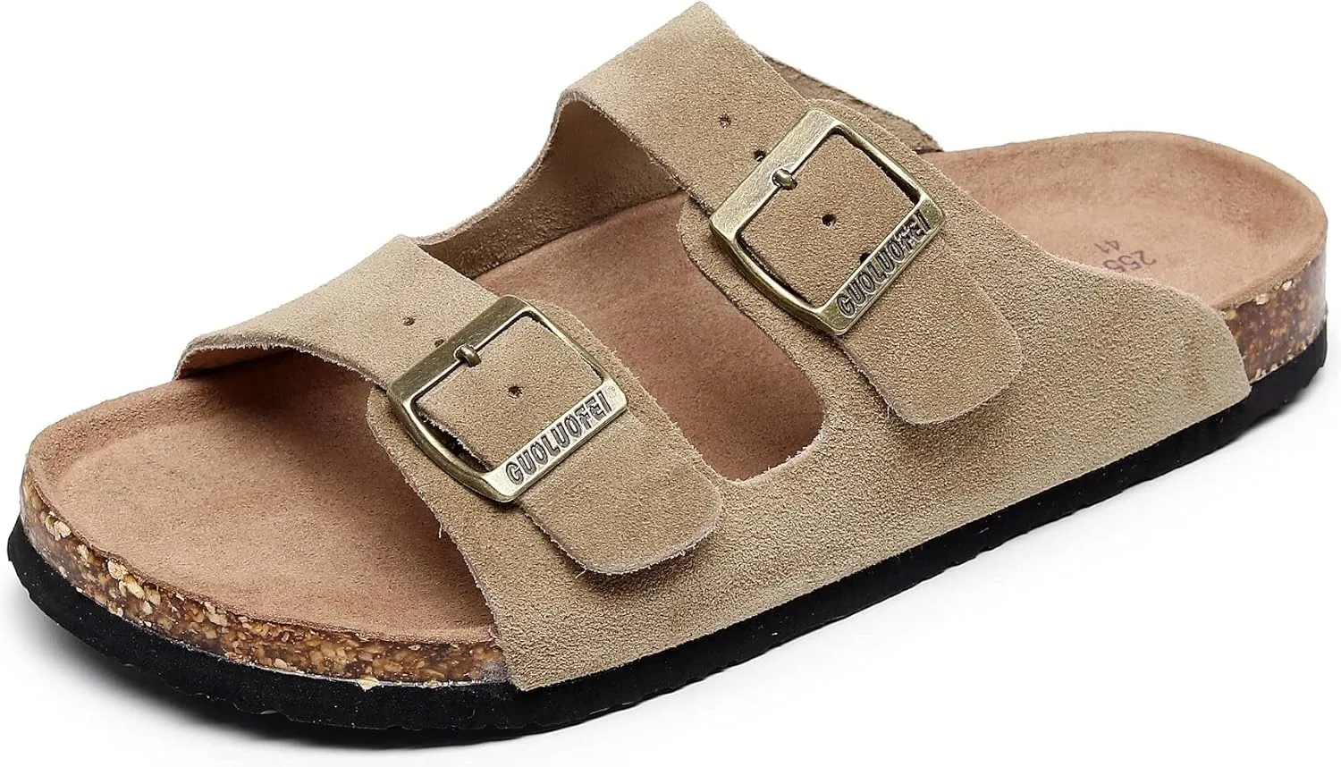 Womens Sandals with Adjustable Buckles Memory Foam, Comfort Cork Footbed Arch Support Leather Slide Sandals for Women
