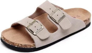 Womens Sandals with Adjustable Buckles Memory Foam, Comfort Cork Footbed Arch Support Leather Slide Sandals for Women