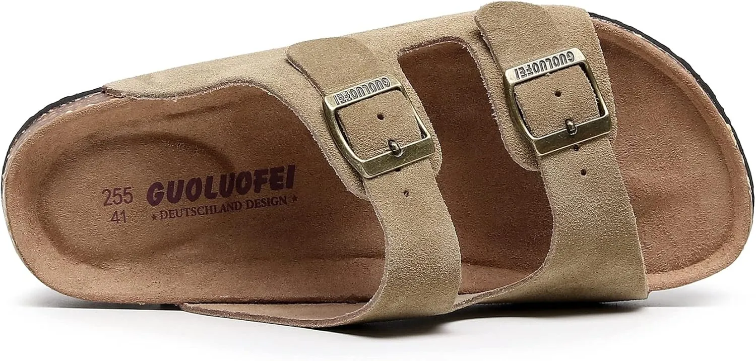 Womens Sandals with Adjustable Buckles Memory Foam, Comfort Cork Footbed Arch Support Leather Slide Sandals for Women