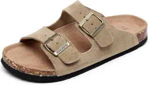 Womens Sandals with Adjustable Buckles Memory Foam, Comfort Cork Footbed Arch Support Leather Slide Sandals for Women
