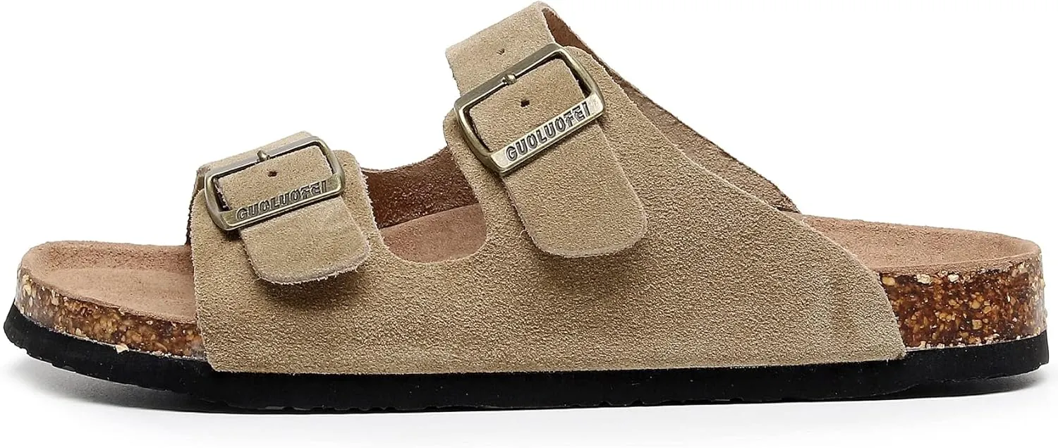 Womens Sandals with Adjustable Buckles Memory Foam, Comfort Cork Footbed Arch Support Leather Slide Sandals for Women