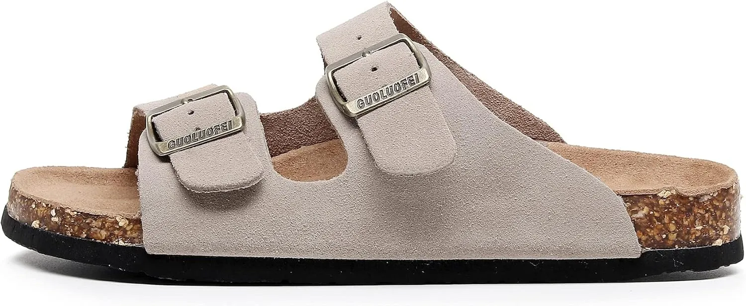 Womens Sandals with Adjustable Buckles Memory Foam, Comfort Cork Footbed Arch Support Leather Slide Sandals for Women