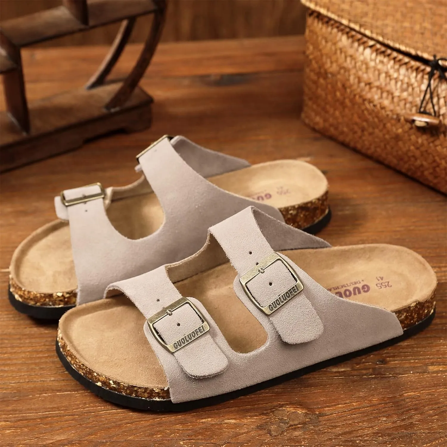 Womens Sandals with Adjustable Buckles Memory Foam, Comfort Cork Footbed Arch Support Leather Slide Sandals for Women