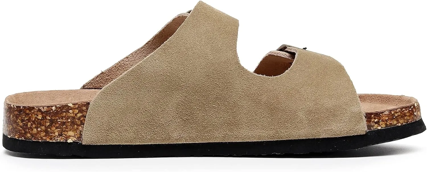 Womens Sandals with Adjustable Buckles Memory Foam, Comfort Cork Footbed Arch Support Leather Slide Sandals for Women