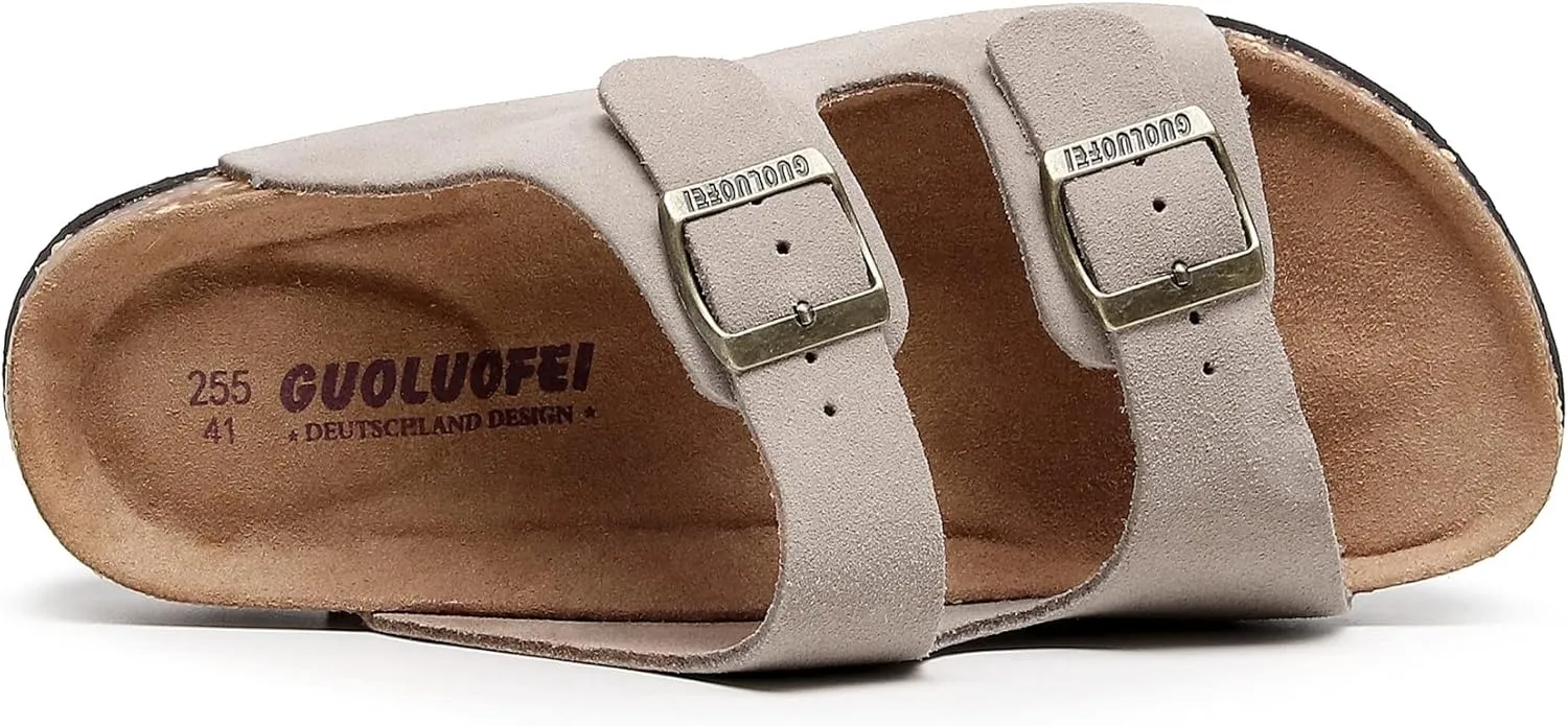 Womens Sandals with Adjustable Buckles Memory Foam, Comfort Cork Footbed Arch Support Leather Slide Sandals for Women
