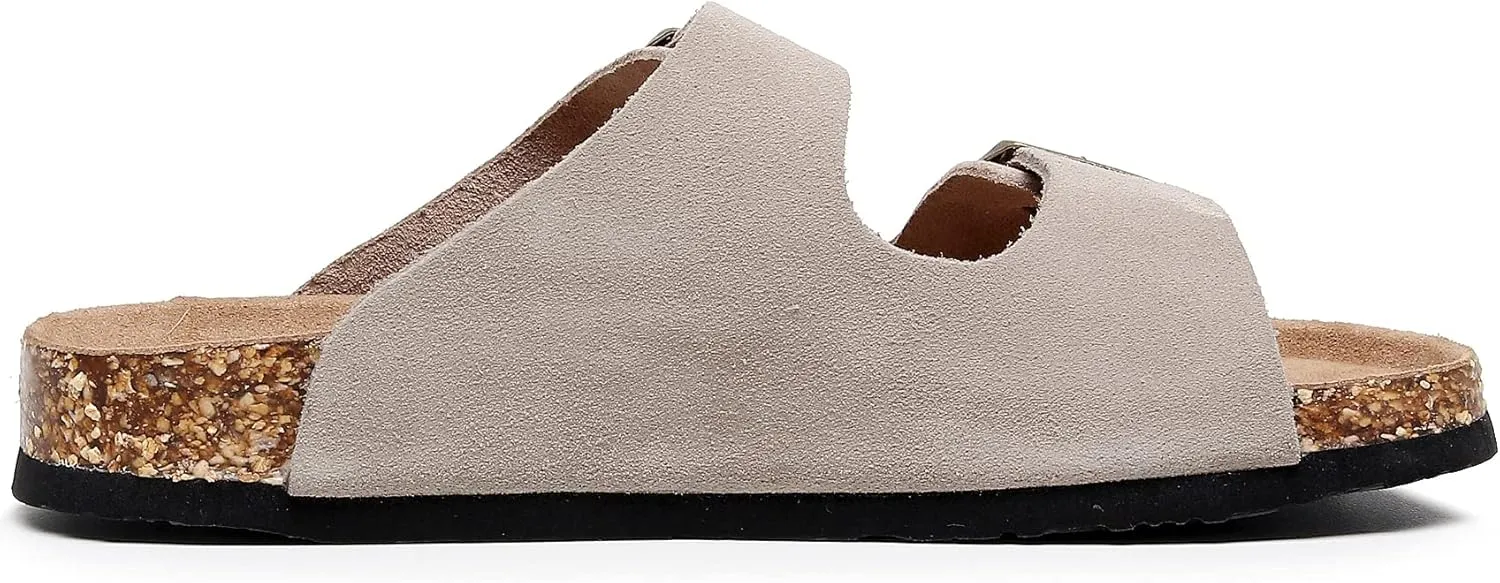 Womens Sandals with Adjustable Buckles Memory Foam, Comfort Cork Footbed Arch Support Leather Slide Sandals for Women