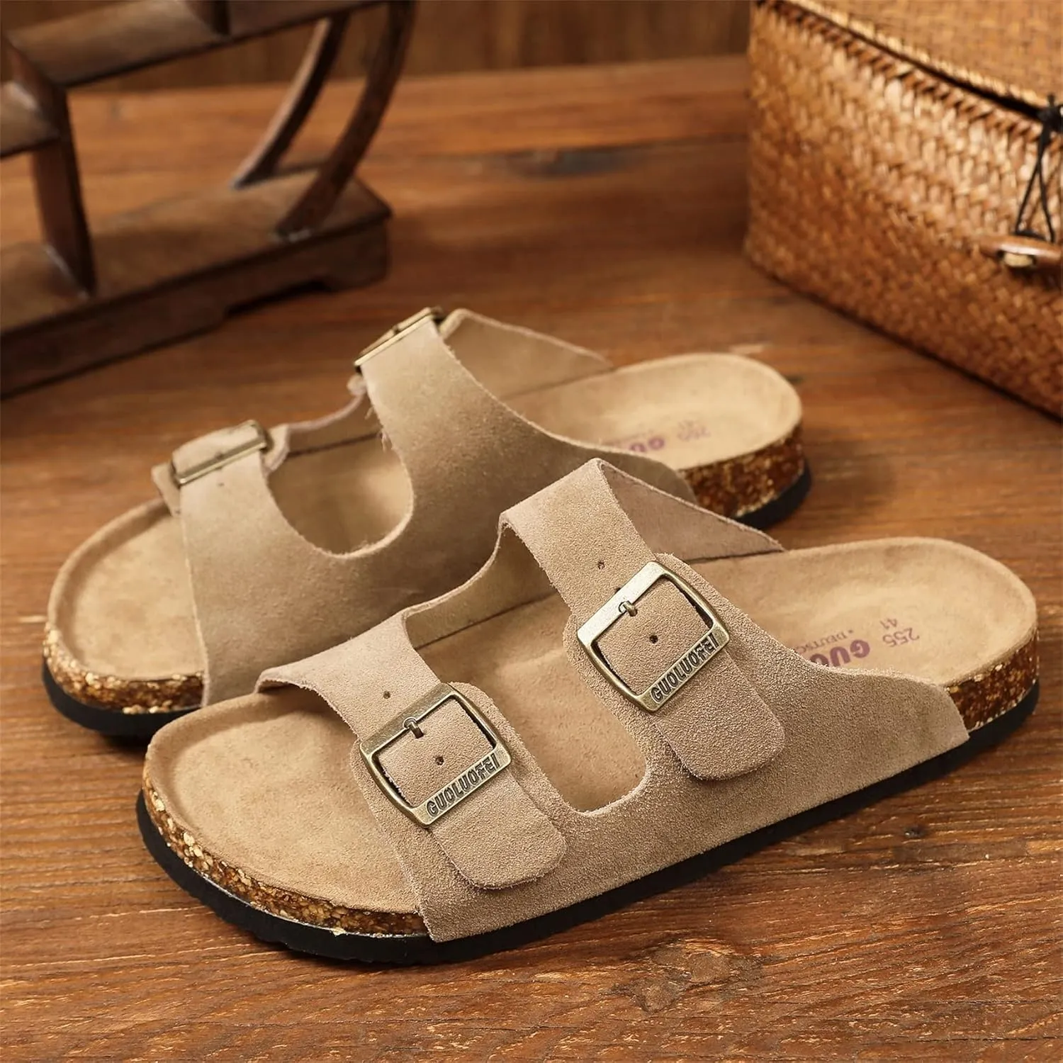 Womens Sandals with Adjustable Buckles Memory Foam, Comfort Cork Footbed Arch Support Leather Slide Sandals for Women