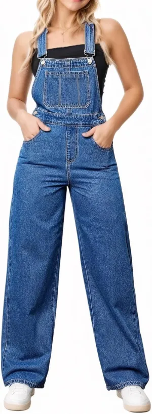 Women's Straight Wide Leg Jeans Overalls Baggy Fit Bib Denim Jumpsuit Pants Adjustable Straps